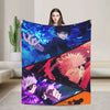 A flannel throw blanket featuring artwork of Gojo Satoru from Jujutsu Kaisen in various dynamic poses and colors.