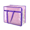 Extra large multifunctional storage bag in pink fuzzy material with a purple zipper and strap.
