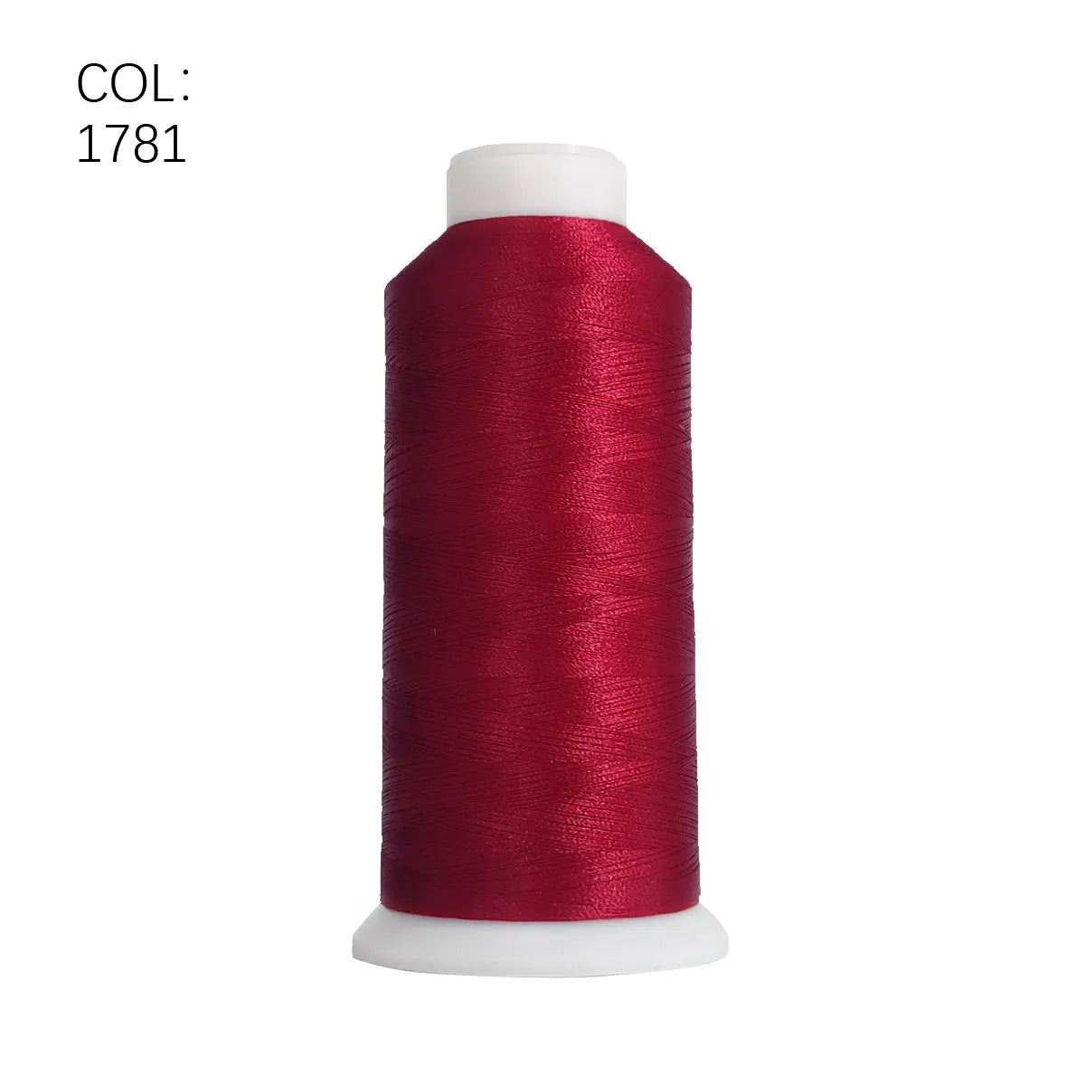 A roll of deep red polyester embroidery thread with a white core.