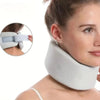 A woman wearing a white adjustable cervical neck support brace, shown with an inset demonstrating the fit.