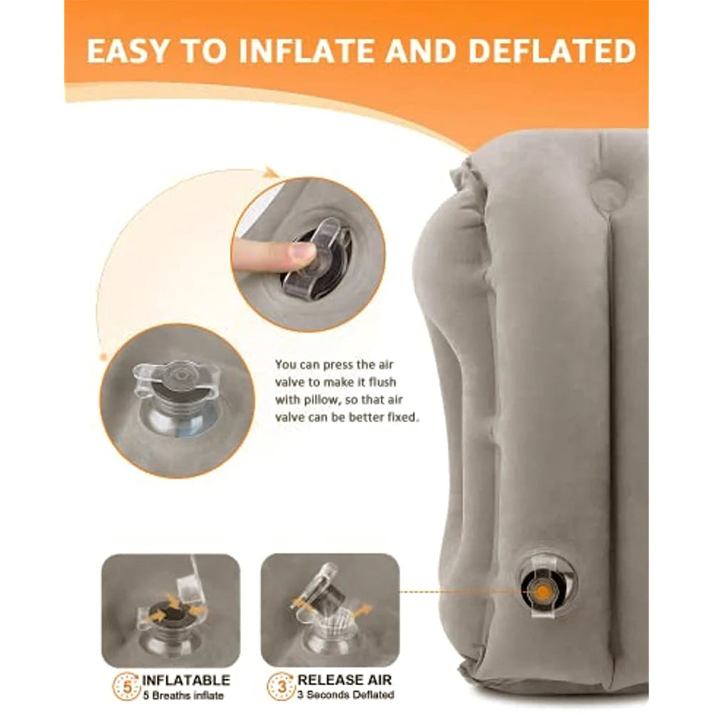 Gray inflatable travel neck pillow showing how to inflate and deflate the air valve