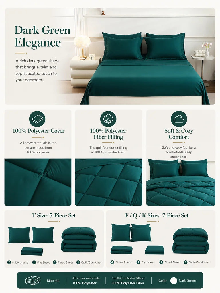 Dark green elegance bedding set featuring a queen or king sized comforter and pillow set