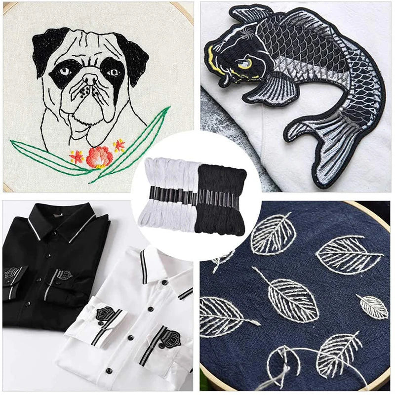 Embroidery floss set featuring white and black craft thread used for stitching projects.