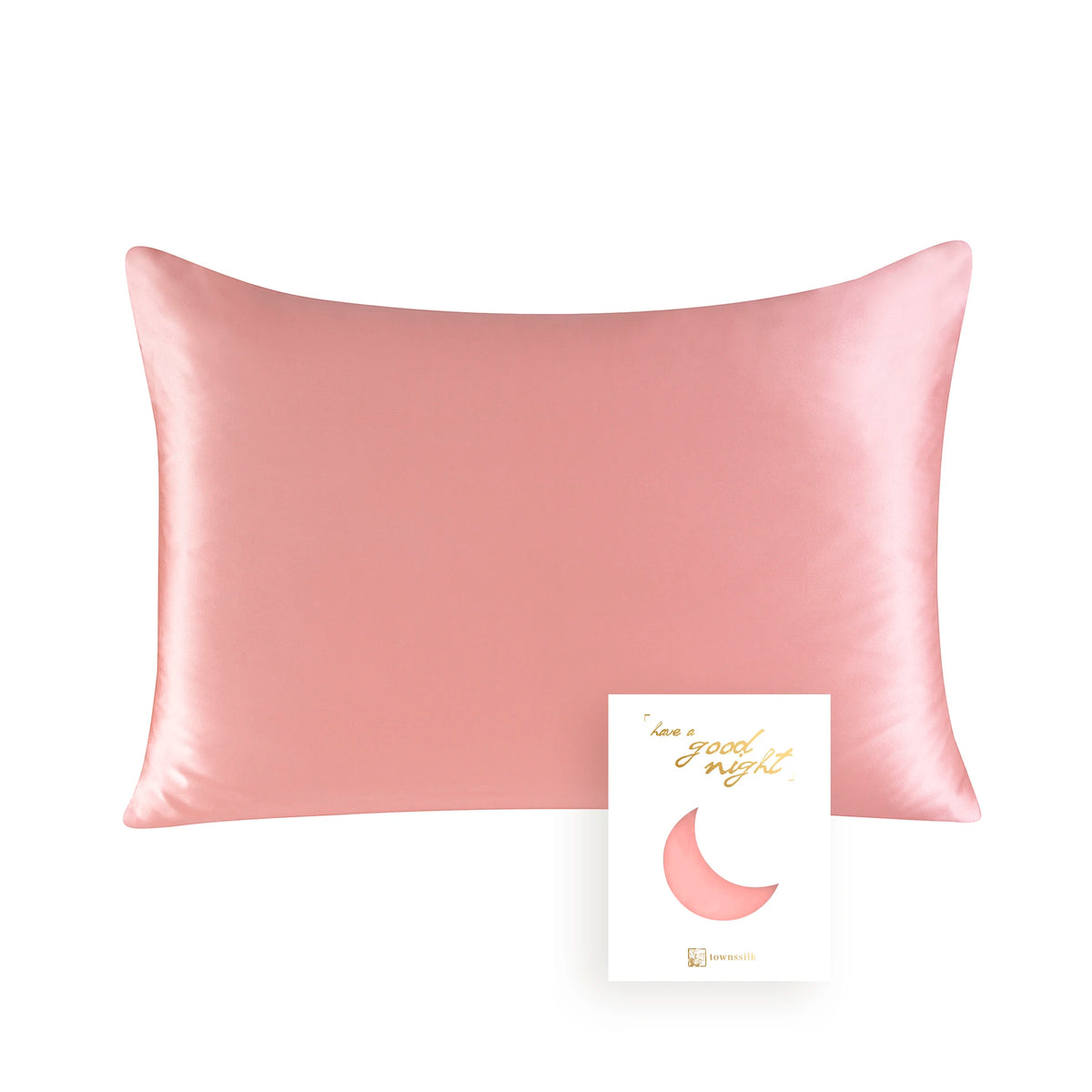 A square pink mulberry silk pillowcase with a crescent moon design.