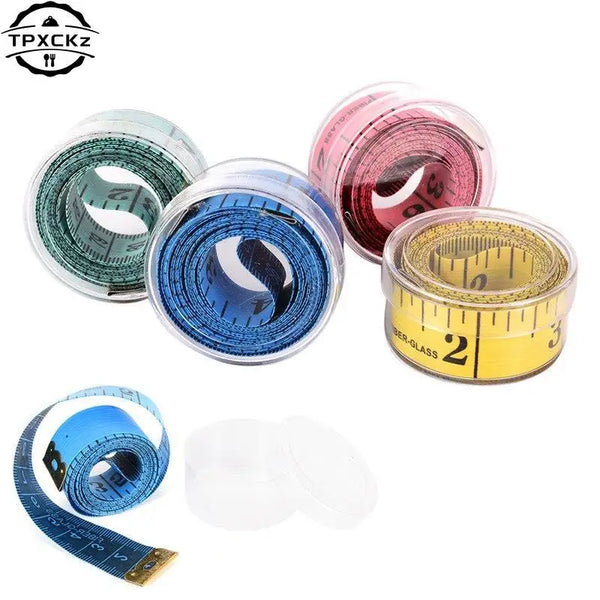 A collection of flexible body measuring tape rulers in various colors and sizes, including a blue, green, pink, and yellow ta
