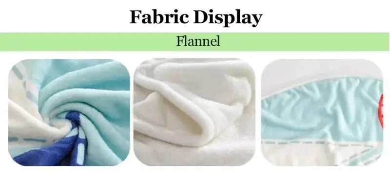 Close-up view of light blue and white flannel fabric display showing texture and folds.