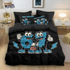 A set of three funny printed duvet covers featuring the text Six Seven in blue and black on a black background.