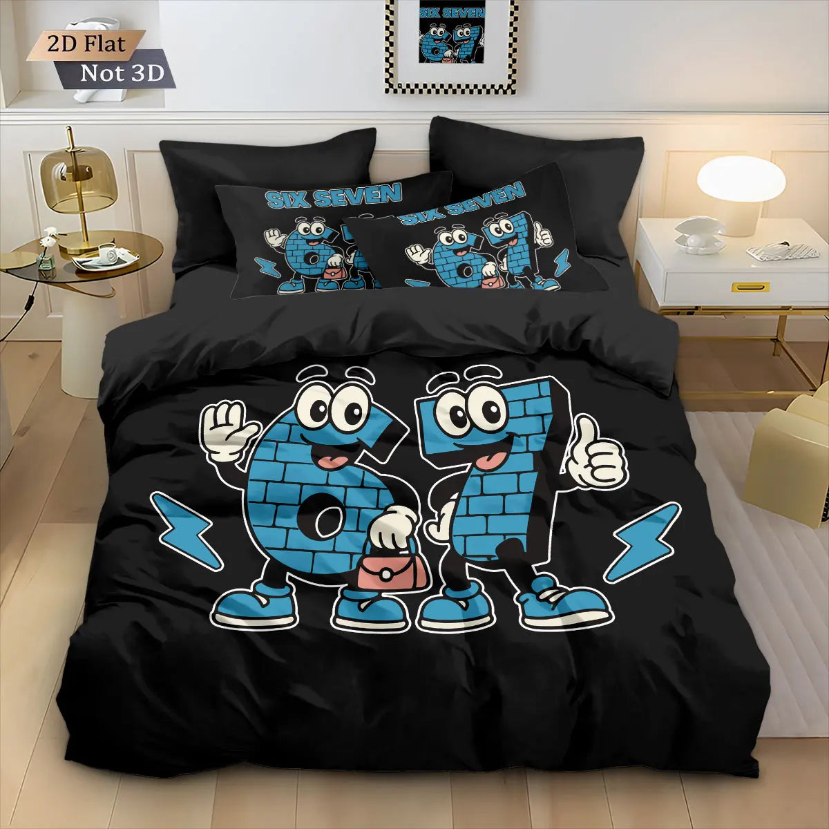 A set of three funny printed duvet covers featuring the text Six Seven in blue and black on a black background.