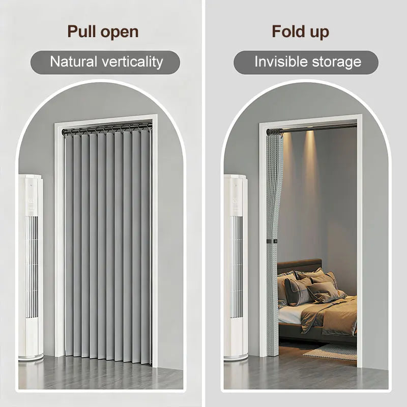 A side-by-side comparison showing a pull-open natural vertical curtain and a fold-up invisible storage door for privacy.