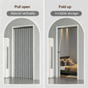 A side-by-side comparison showing a pull-open natural vertical door curtain and a fold-up invisible storage door curtain.