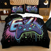 A black duvet cover featuring a vibrant purple and neon green hexagon controller design.