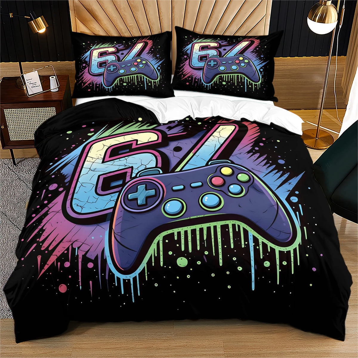 A black duvet cover featuring a vibrant purple and neon green hexagon controller design.