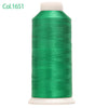 A spool of bright green high tenacity machine embroidery thread labeled Col.1651