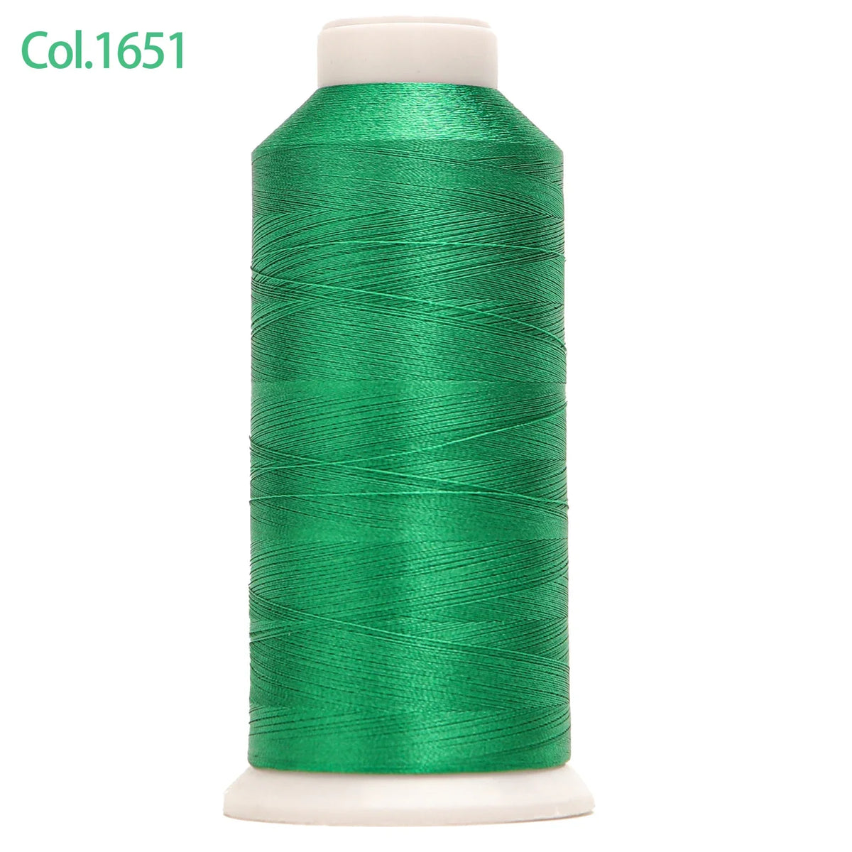 A spool of bright green high tenacity machine embroidery thread labeled Col.1651
