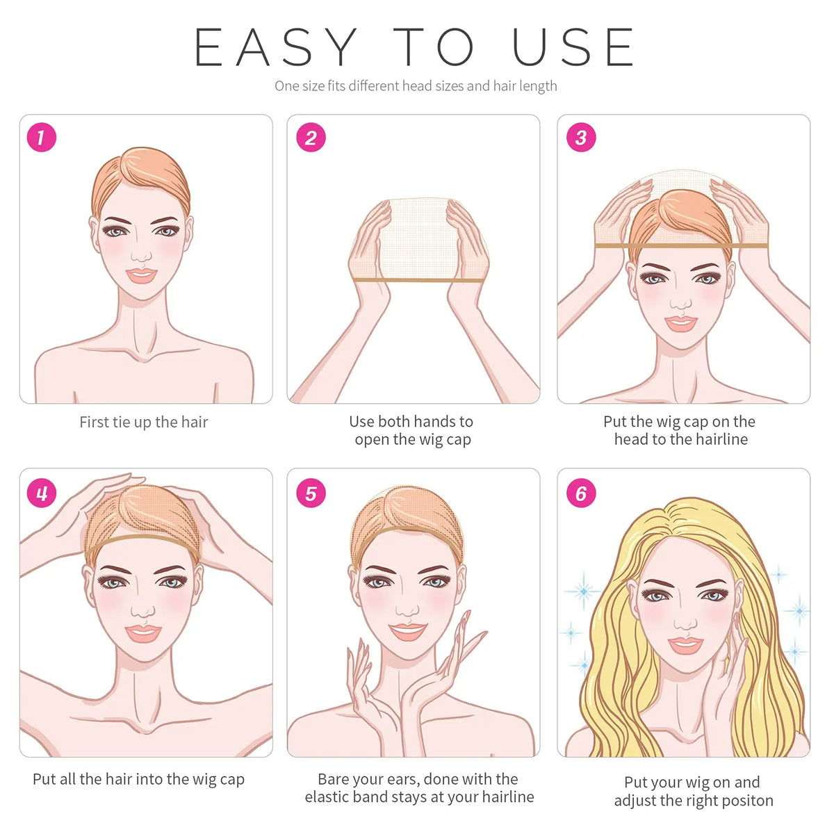 Instructions showing how to use a breathable fishnet wig cap for natural hair styling.