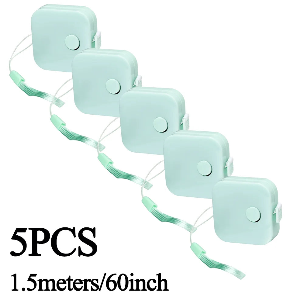 Five pairs of light mint green retractable measurement tapes, each 1.5 meters long.