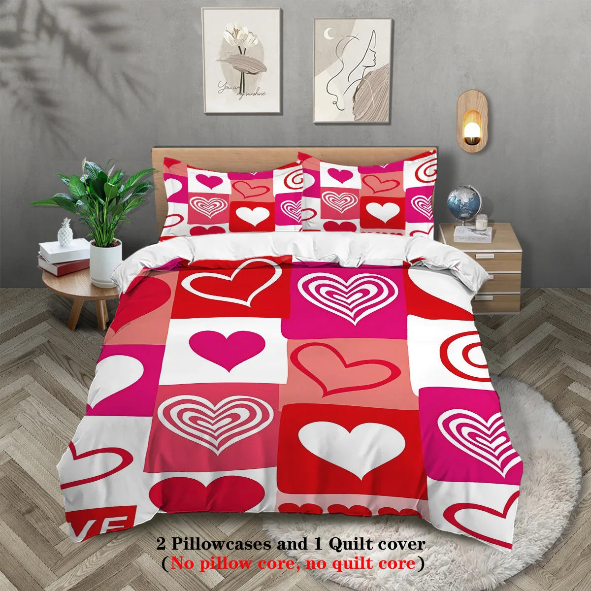 A pink and red heart patterned comforter set with two pillowcases and a quilt cover displayed on a bed.