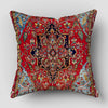 A square decorative cushion cover featuring a vibrant red background with intricate blue, gold, and green Persian patterns.