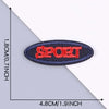 A black embroidered leather patch with the word SPORT in red thread, shown against a white background.