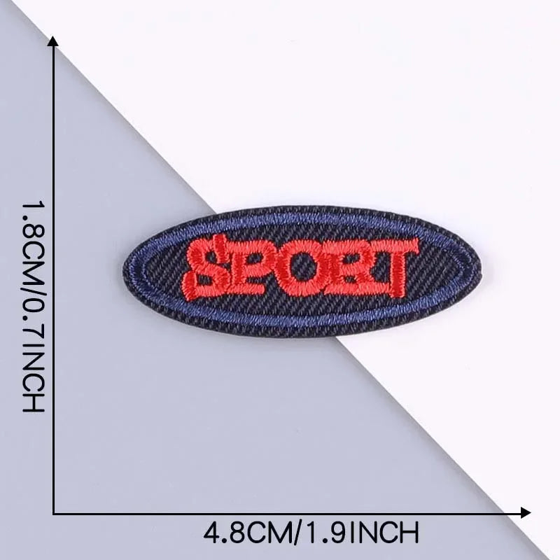 A black embroidered leather patch with the word SPORT in red thread, shown against a white background.