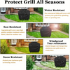 A black heavy-duty BBQ grill cover shown in various weather conditions, highlighting its water, sun, and wind resistance.