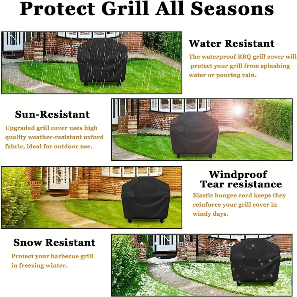 A black heavy-duty BBQ grill cover shown in various weather conditions, highlighting its water, sun, and wind resistance.
