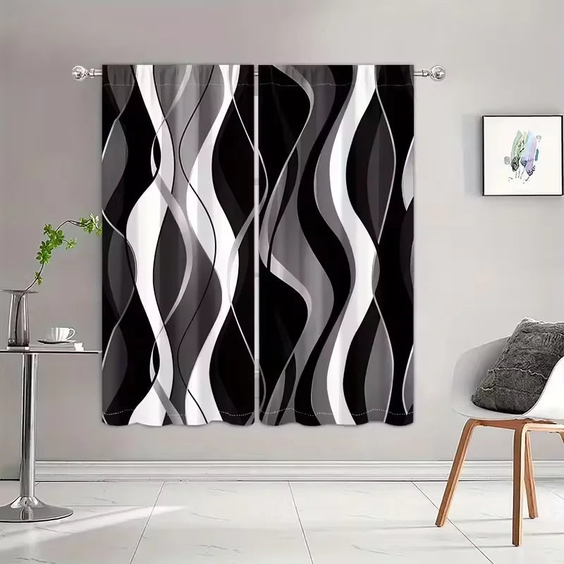 A pair of black and white abstract wavy line curtains hanging in a modern room.