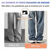 Before and after comparison showing pants dragging on the ground with invisible edge clips for hem adjustment