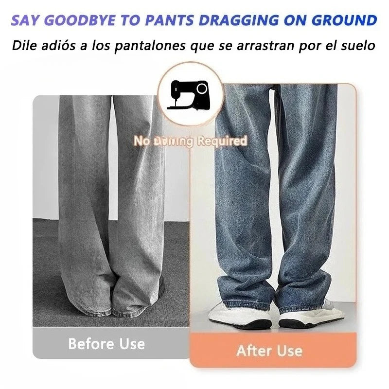 Before and after comparison showing pants dragging on the ground with invisible edge clips for hem adjustment