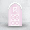 A vertical wooden-style arch backdrop cover in pink and white stripes with a geometric pattern.