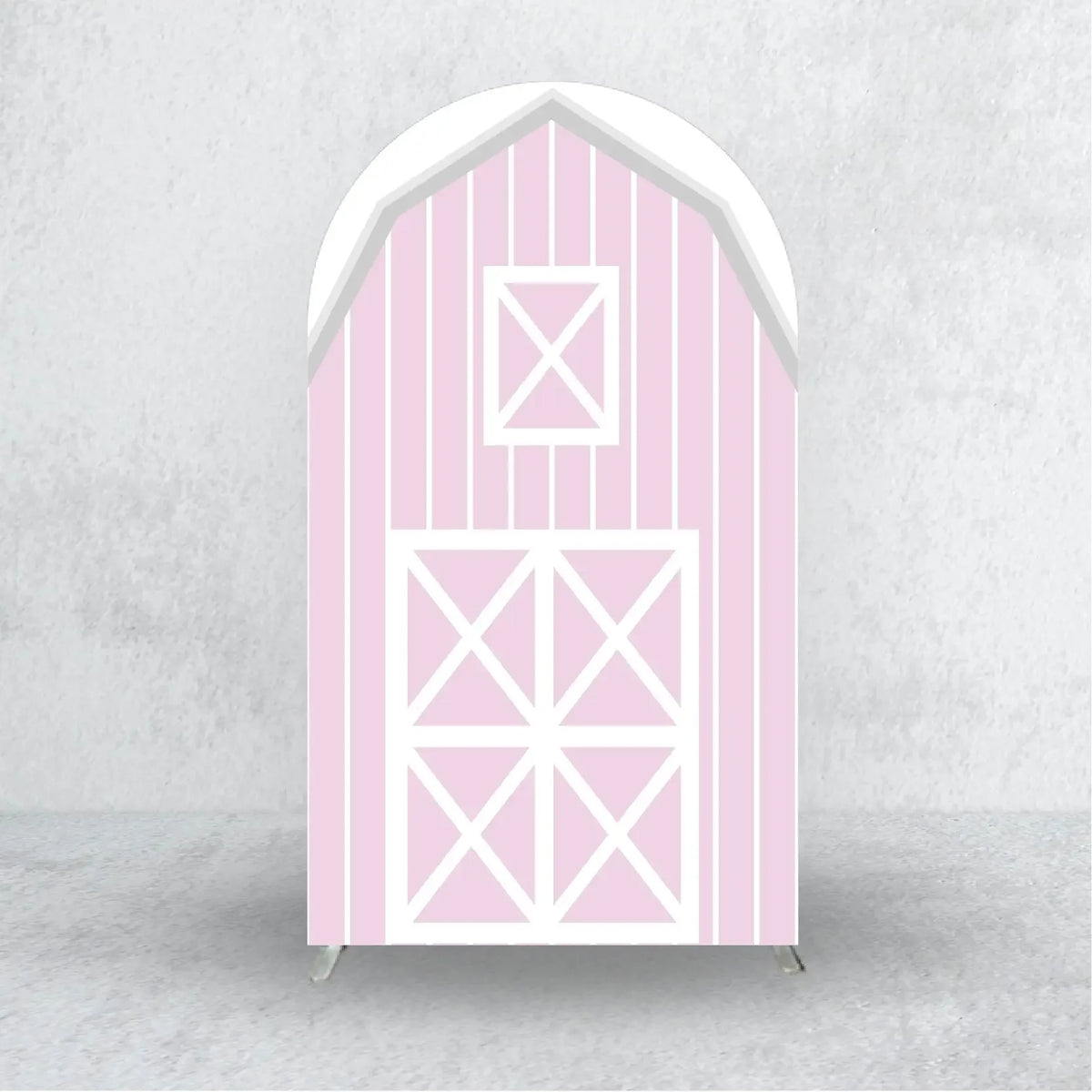 A vertical wooden-style arch backdrop cover in pink and white stripes with a geometric pattern.