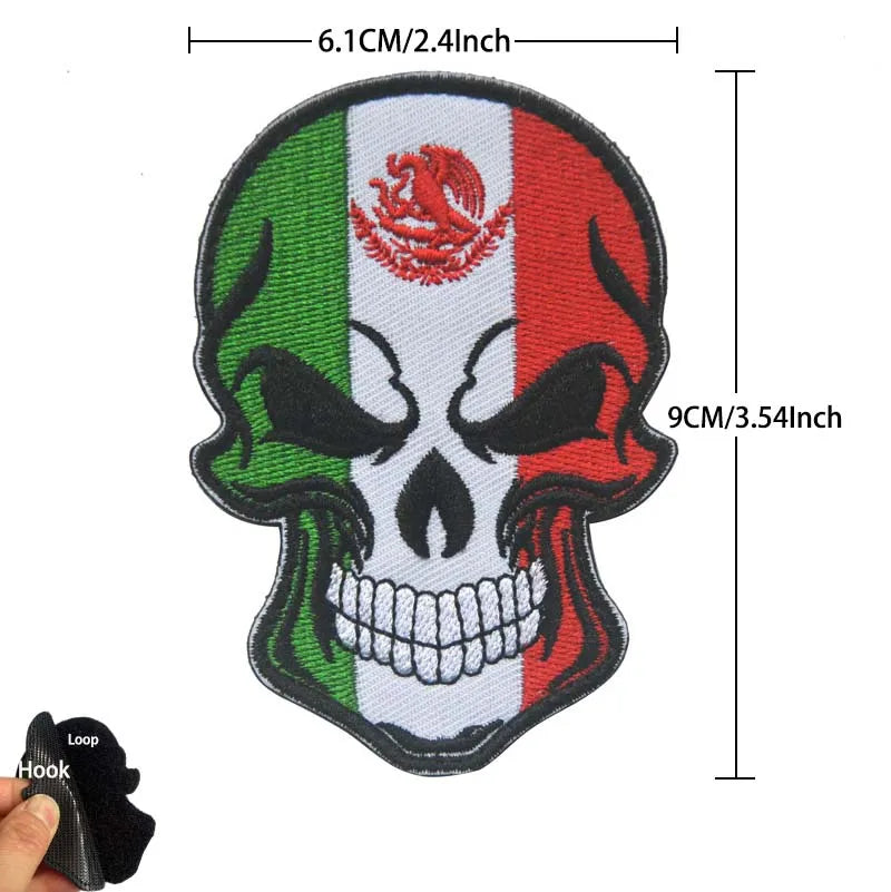 A red, white, and green Mexican flag skull embroidery patch with a loop and hook.