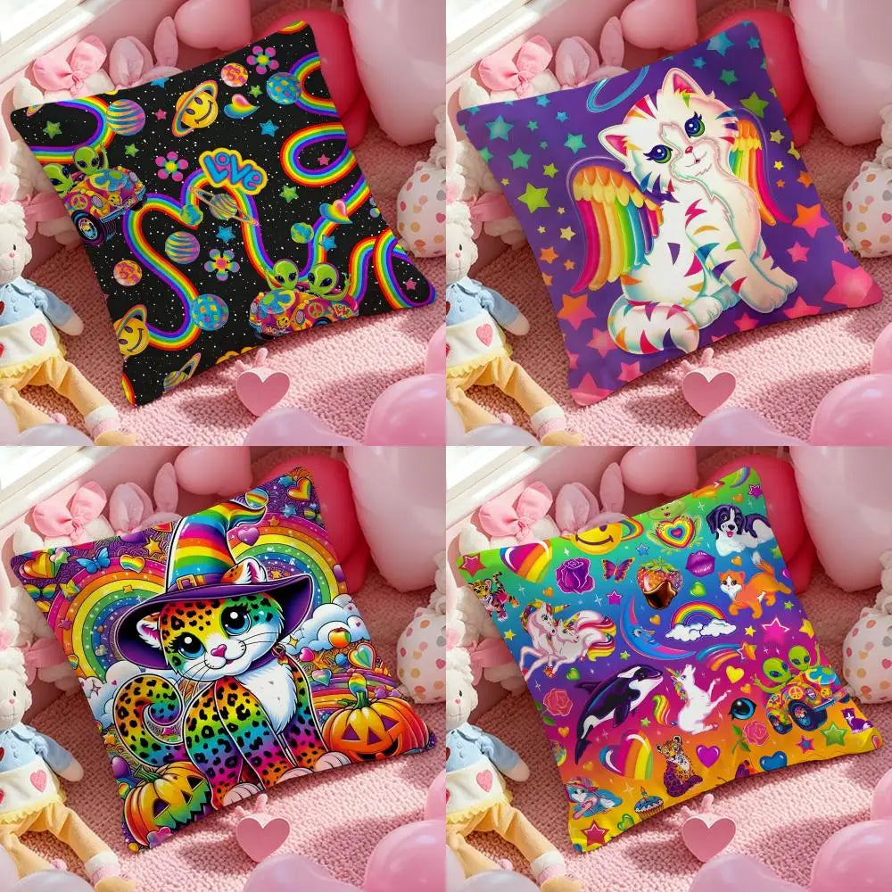 A collection of double-sided printed square pillow covers featuring colorful cats and rainbows on pink fabric.