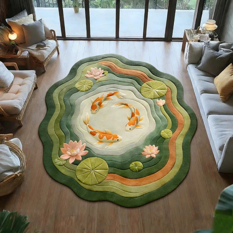 Round rug featuring an orange koi fish pattern surrounded by green and peach foliage on a wooden floor.