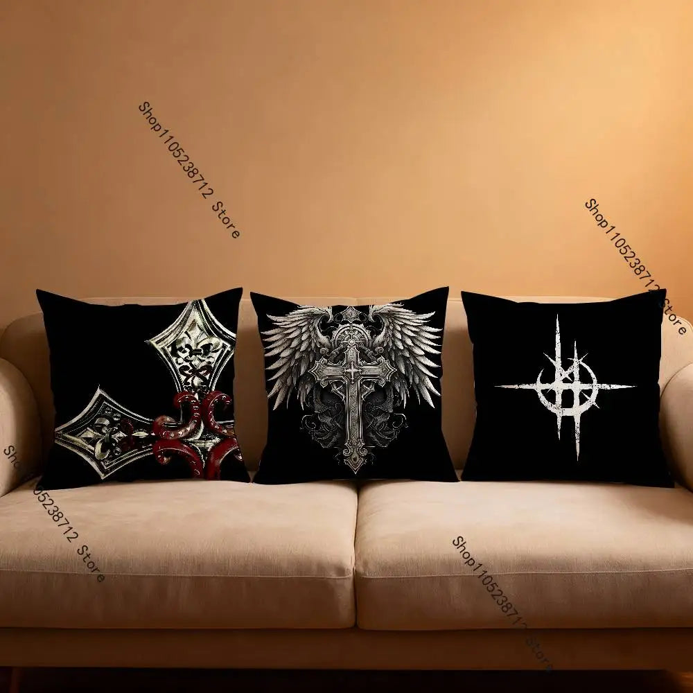 Black throw pillow covers featuring intricate gothic and cyber sigil designs on a beige sofa.