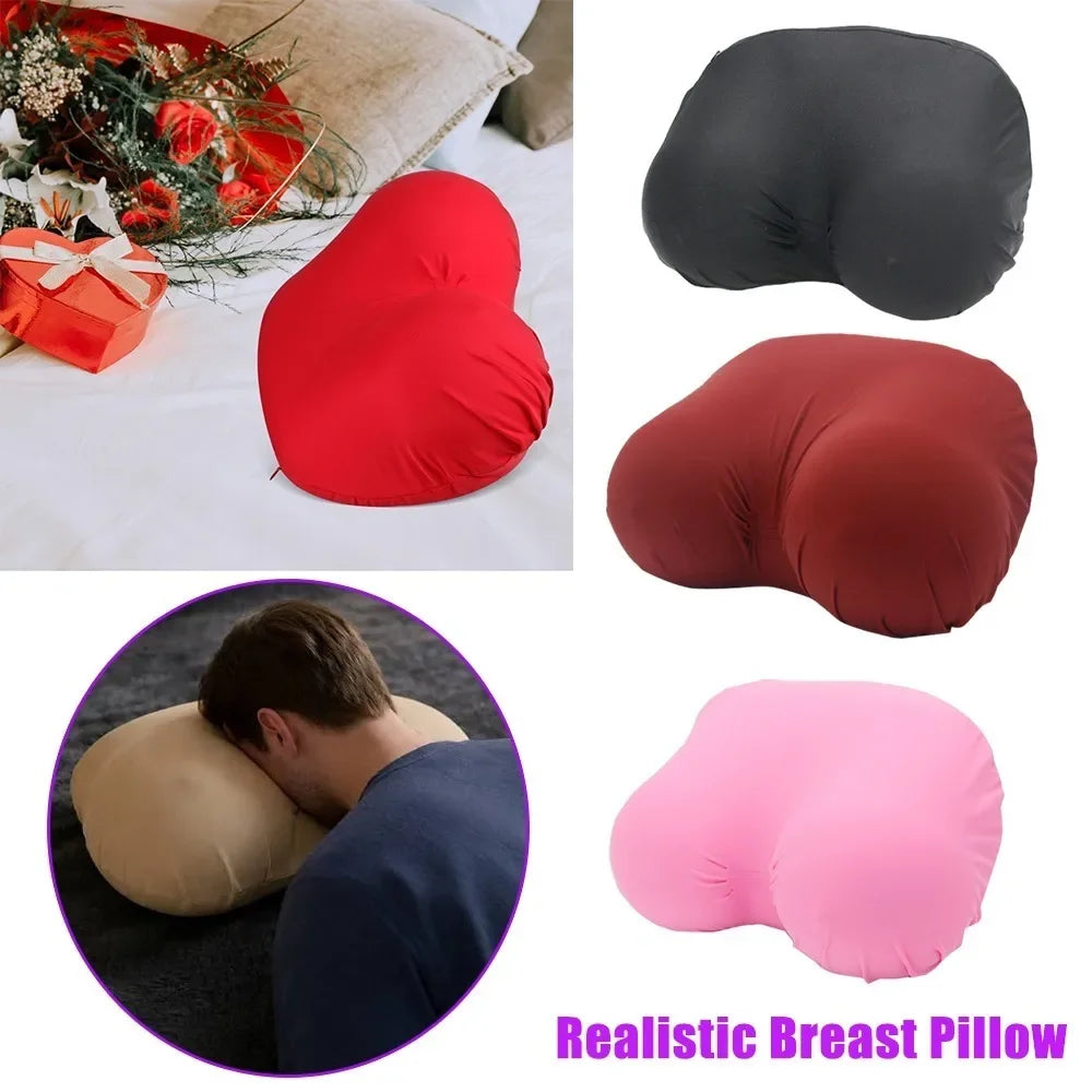 Realistic breast pillow in various colors including red, maroon, and pink, shown next to a person.
