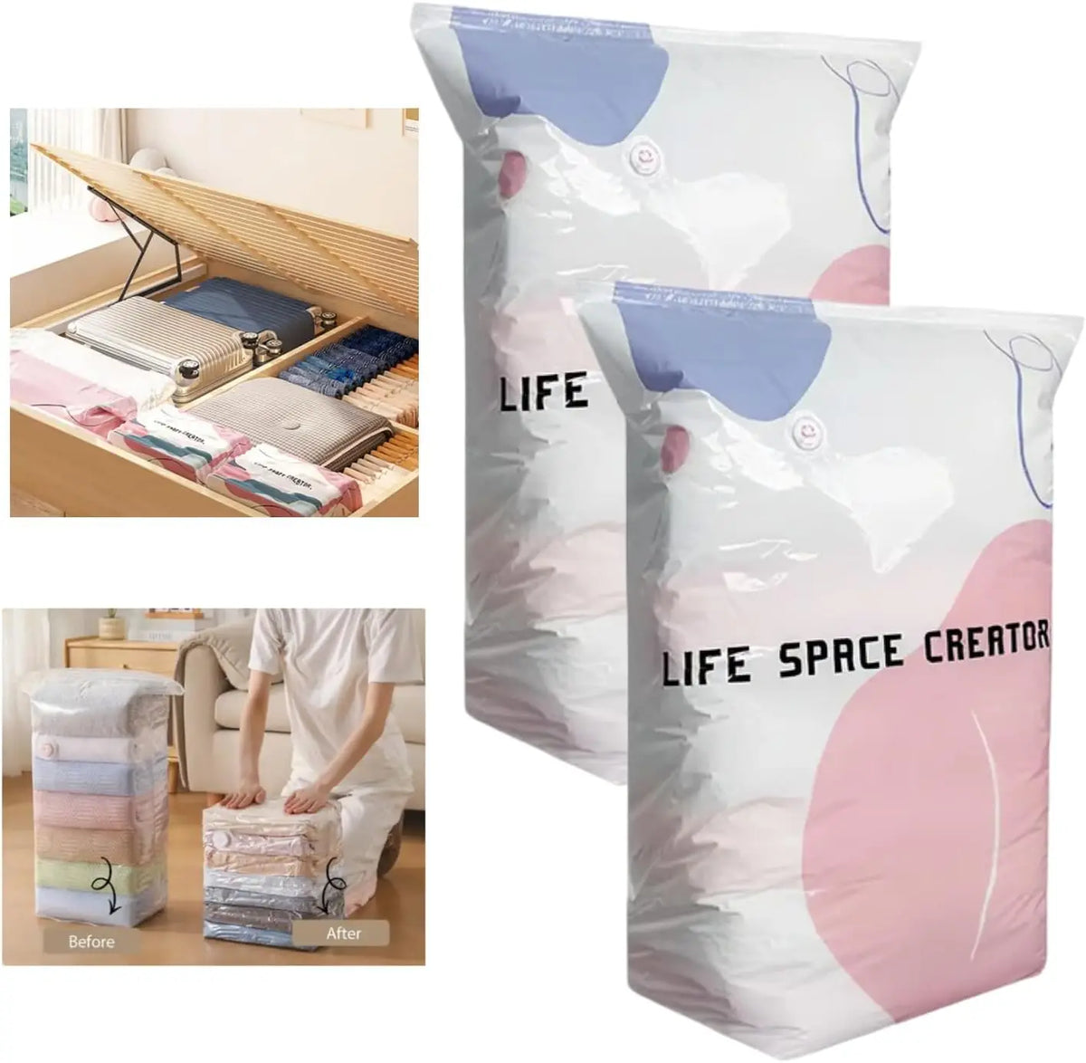 Large vacuum storage bags for comforters and bedding shown with before and after examples.
