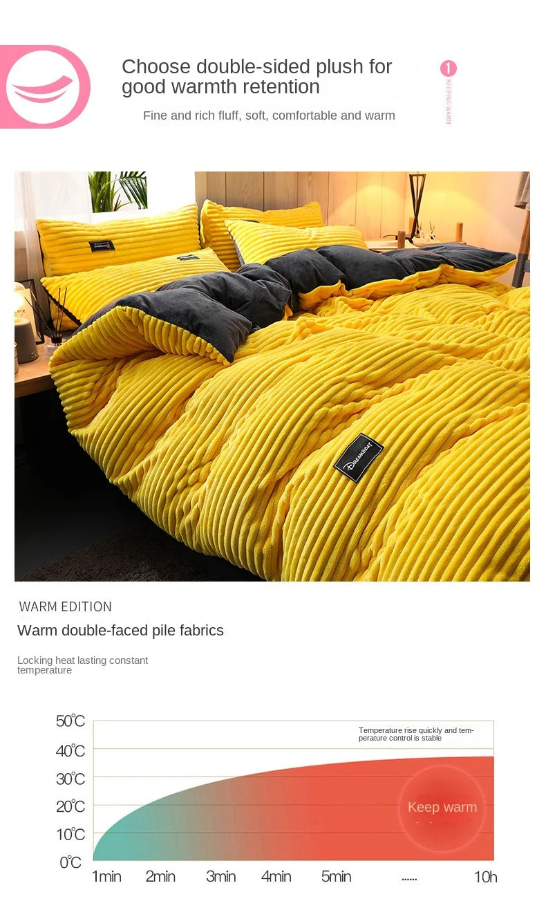Yellow double-sided plush duvet cover with ribbed texture shown on a bed.