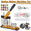 A set of badge maker machines including a press, various molds, and silver buttons for making badges.