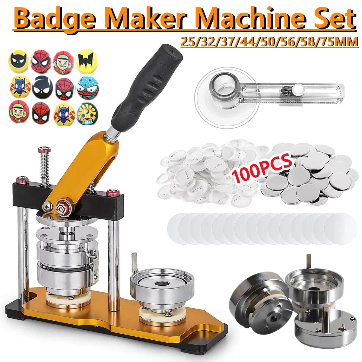 A set of badge maker machines including a press, various molds, and silver buttons for making badges.