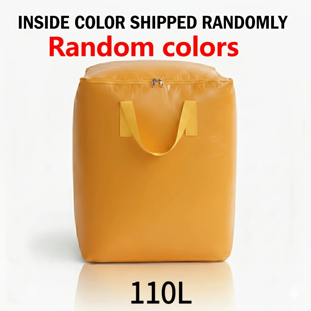 A tan storage bag with yellow handles is shown against a white background.