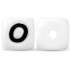 A pair of white silicone alphabet beads, one showing the letter O and the other showing a blank circle.
