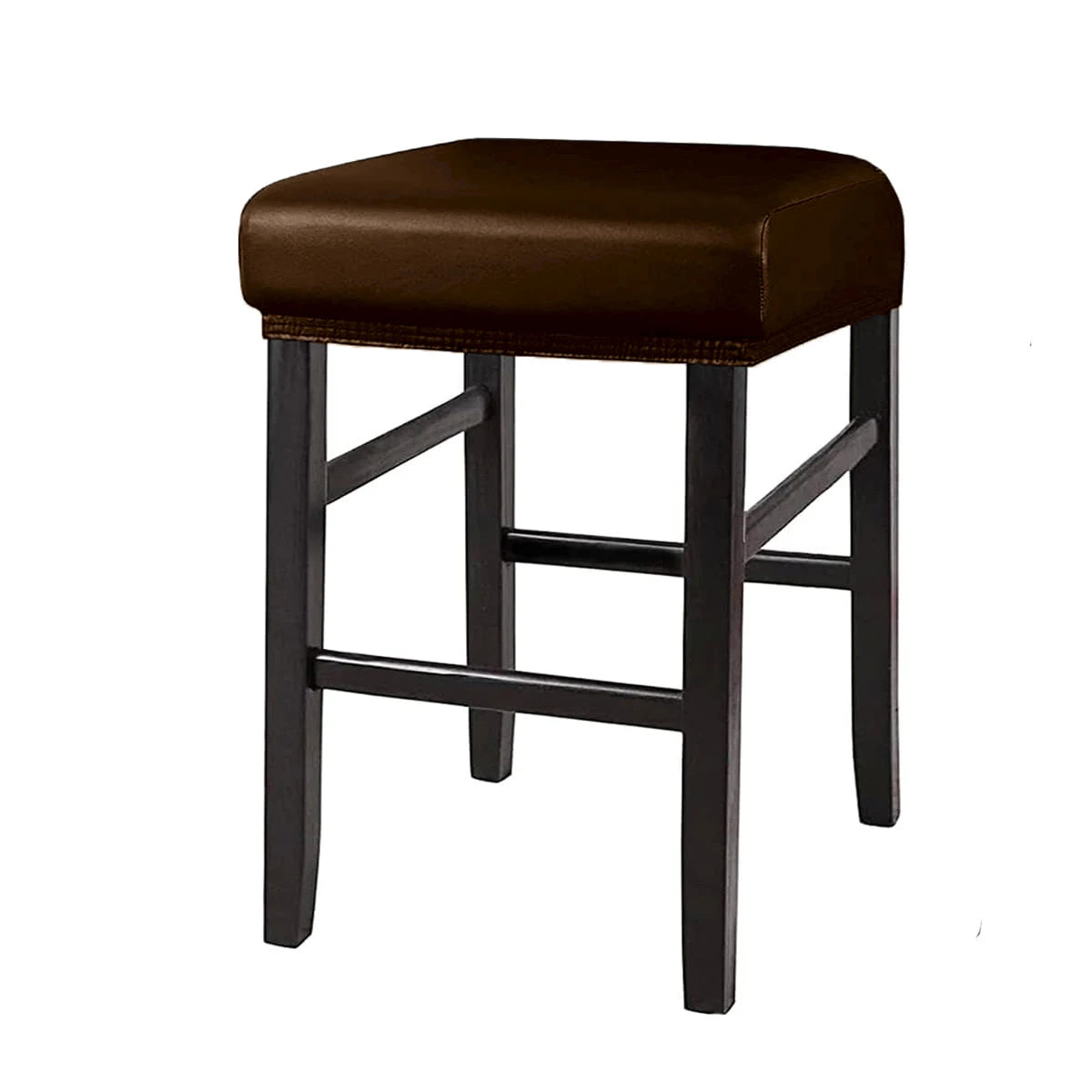 A dark brown waterproof PU leather bar stool cover with a black wooden frame.