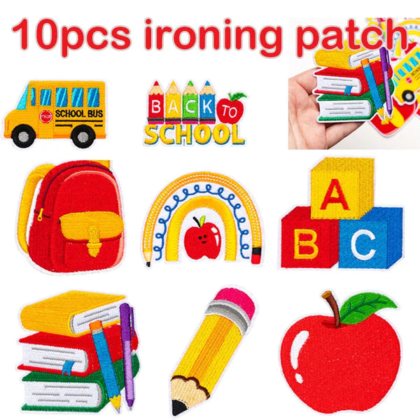 A collection of 10 iron-on decorative patches featuring school bus, apples, books, and pencils.