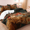 A bedding set featuring a print of a Highland cow's head in shades of brown and orange on a dark green background.