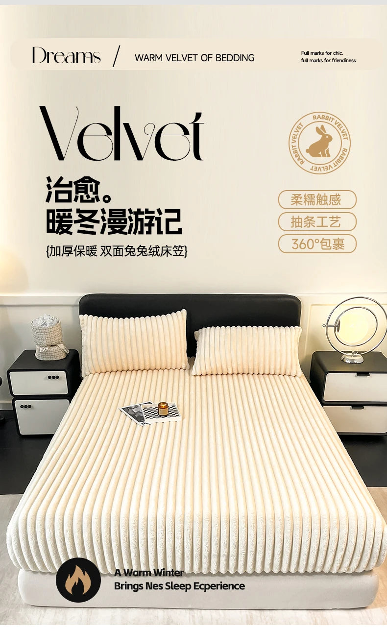 A white velvet fitted bed sheet with ribbed texture is displayed on a bed, emphasizing warmth and sleep experience.