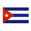 A rectangular flag design featuring red and blue stripes and a white star on a red triangle.
