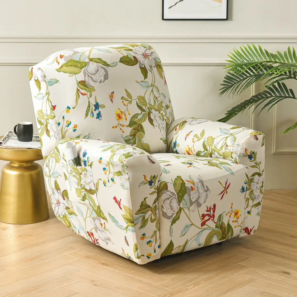 A floral print recliner and sofa slipcover set displayed on a light wood floor.