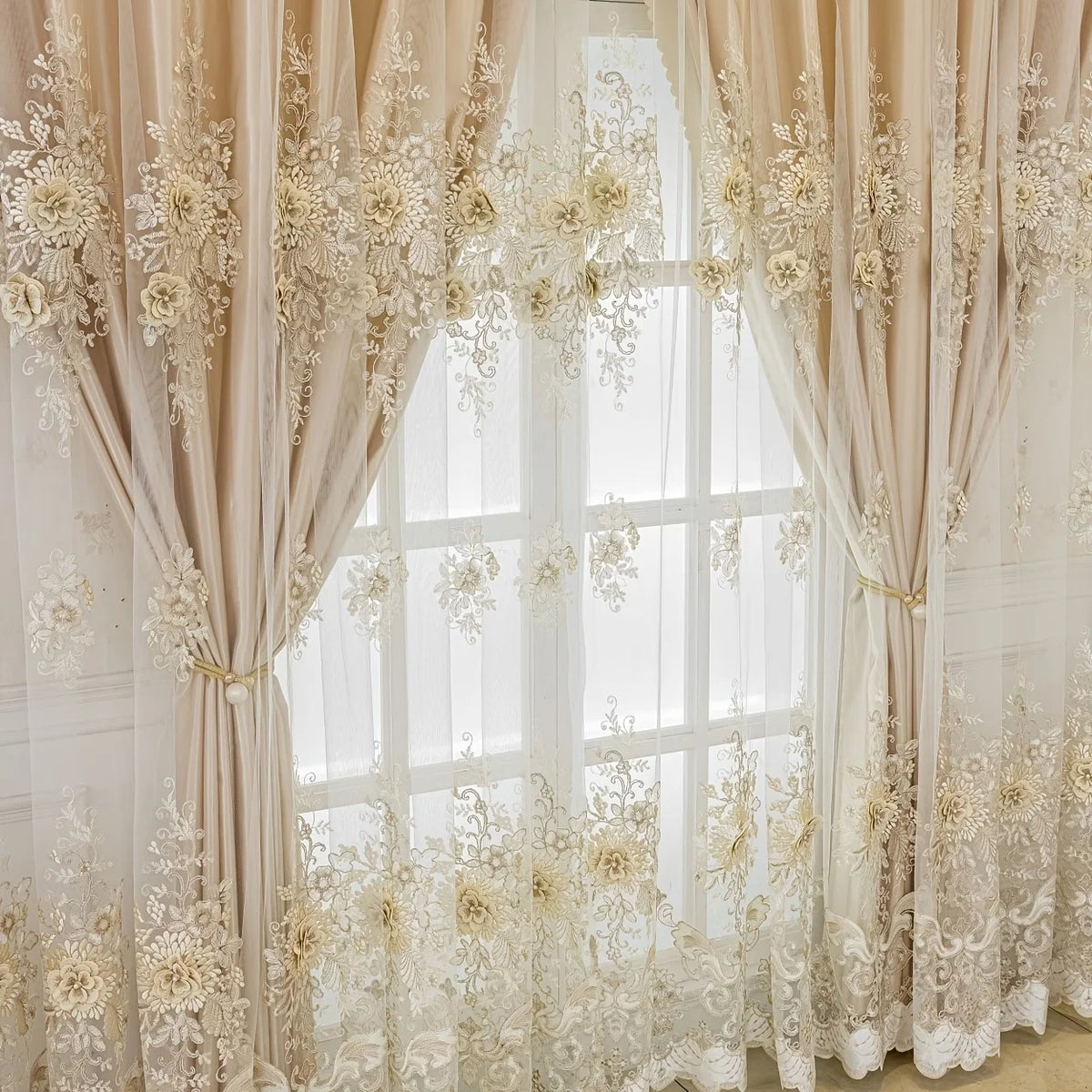 Light beige luxury double layer blackout curtains with intricate floral lace detailing