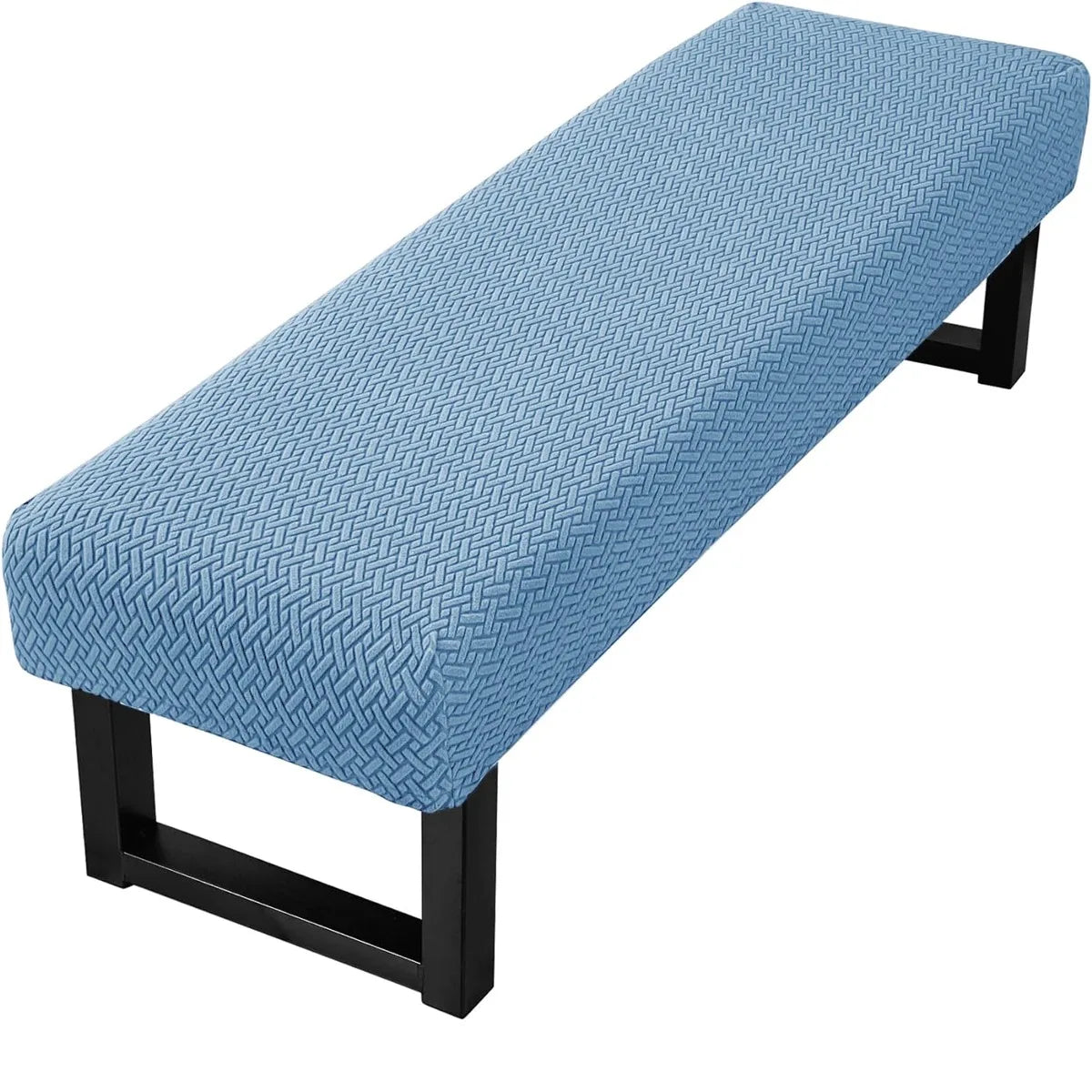 Light blue Jacquard stretch bench cover with a woven texture and black frame.